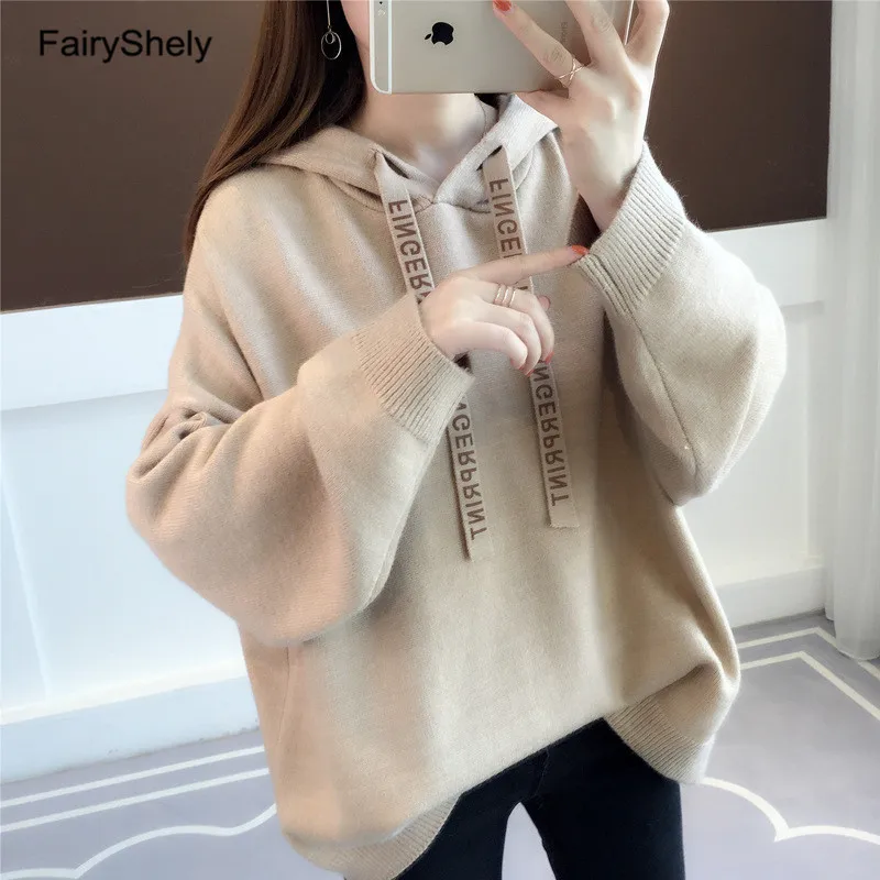 Khaki Sweater Повседневный кашемировый свитер с капюшоном для женщин, зимний теплый джемпер для девочек, свободный толстый свитер, вязаный пуловер, топ Pull Hiver Femme - Цвет: Khaki Sweater
