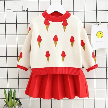 

New Autumn Girl Ice Cream Clothes Set Baby Girl Autumn Sweater Sets Knitted Shirt and Skirt Long Sleeve Dress Suit