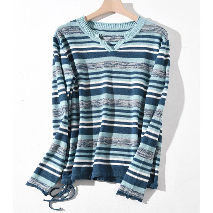 Light blue Осень хлопок женские вязанные блузки рубашка Топ корейский длинный рукав свободная полоса Мода Thins женская s Трикотажная блуза рубашка - Цвет: Light blue