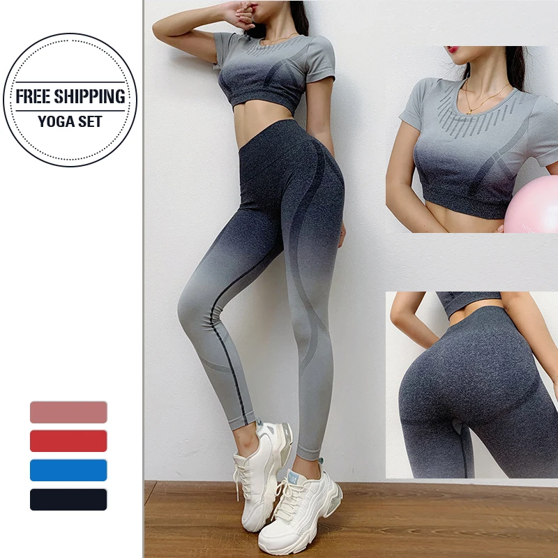 

T Shirts + Shorts 2 Pcs Workout Clothes Gym Runnin Sets Women Yoga Set High Waist Leggings Wear Jogging Fitness Clothing Sport