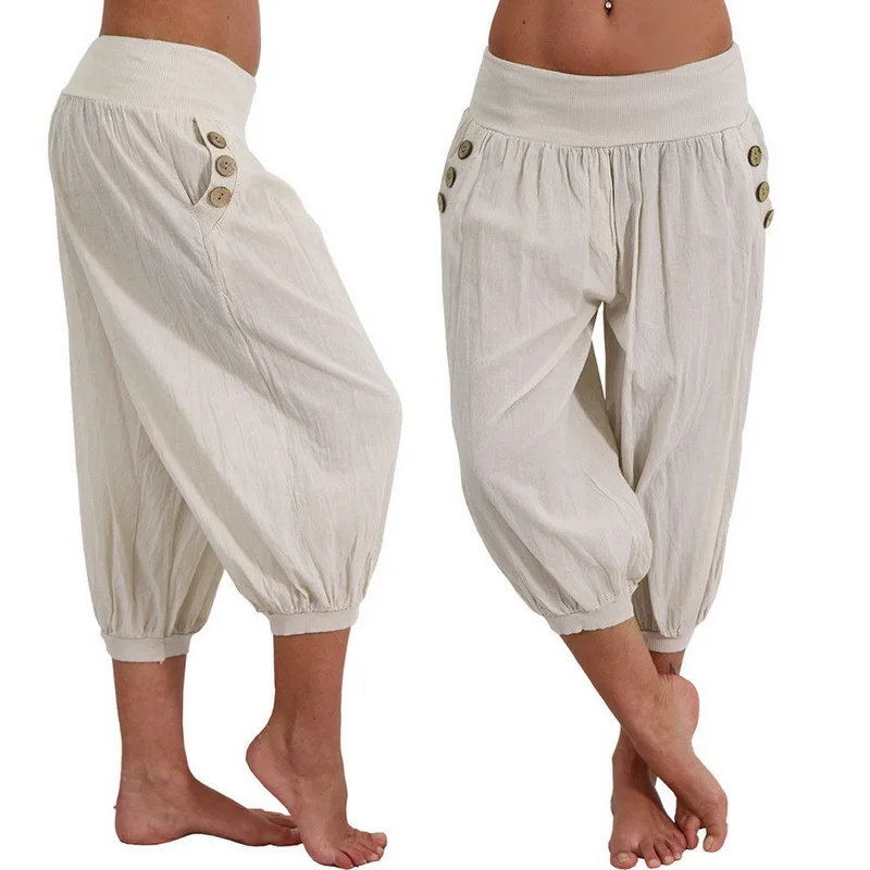 2020 Women Summer Solid Harem Pants Loose Knee Length Trousers Female Soft Elastic Waist Capris and Long Pants Plus Size Mujer 2020 Women Summer Solid Harem Pants Loose Knee Length Trousers Female Soft Elastic Waist Capris and Long Pants Plus Size Mujer