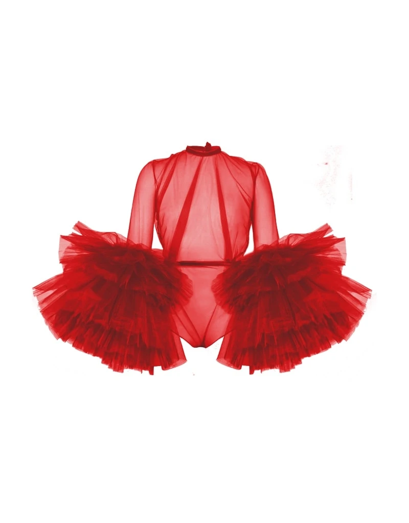 

Sexy See Thru Red Women Jumpsuit With Puffy Full Sleeves Ruffles Tiered Tulle Rompers Womens Beach Party Short Tulle Tops