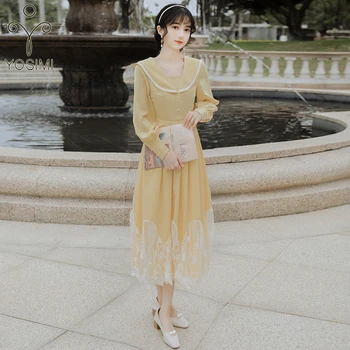 

YOSIMI 2020 Spring Vintage Long Women Dress Elegant Mid-calf Sailor Collar Midi Fit and Flare Yellow Vestidos Long Sleeve Dress