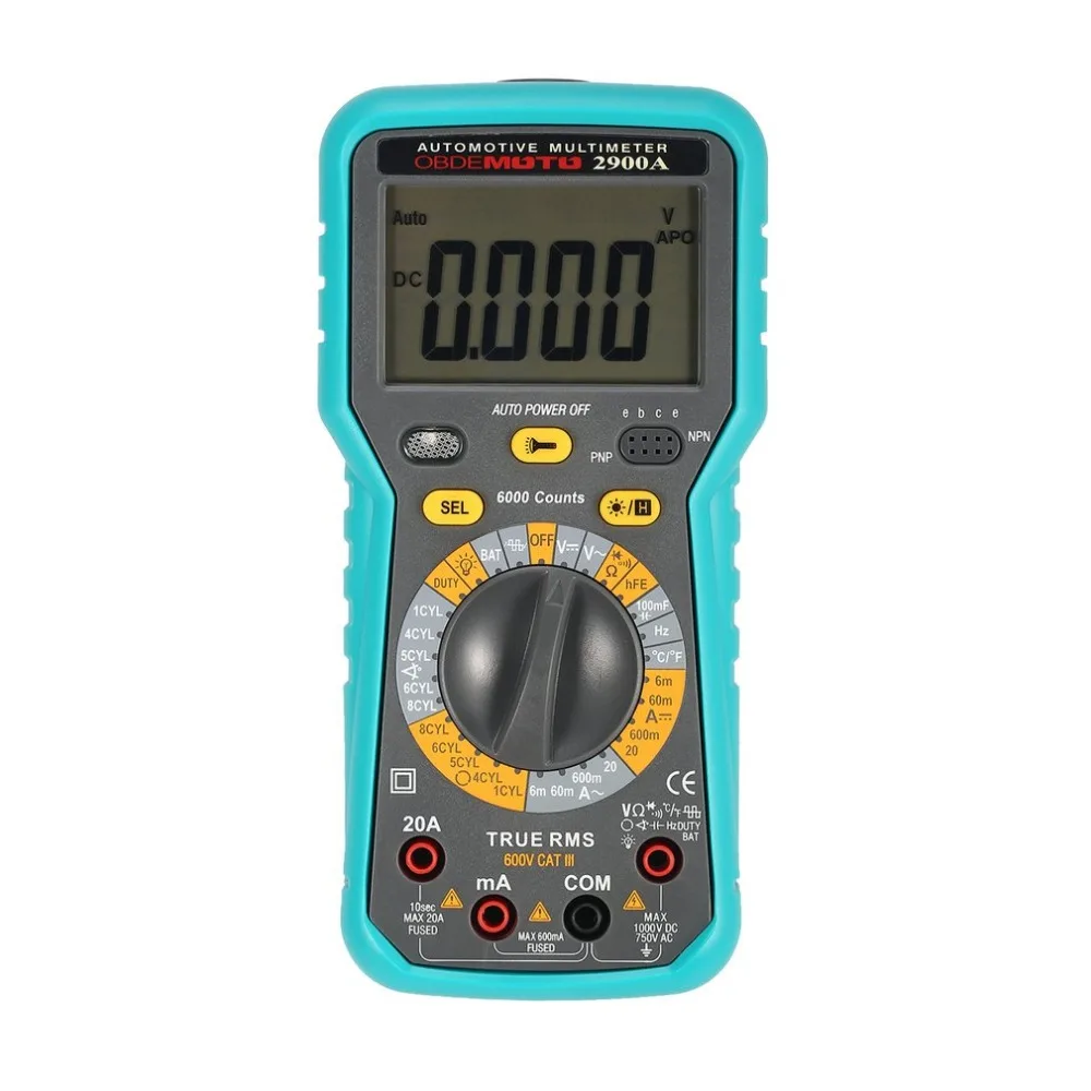 

2900A Digital Automotive Multimeter 6000 Counts True RMS AC/DC Volt Amp Ohm Dwell Angle Rotational Speed Temperature Tester