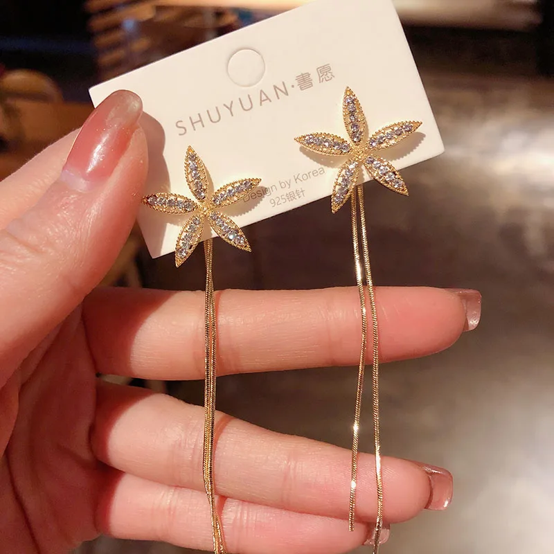 Long Earring Flower-Tassel Five-Leaf Trend Elegant South Korea Fashion Summer Temperament
