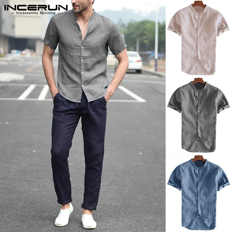 

2020 Fashion Short Sleeve Men Shirt Stand Collar Streetwear Solid Color Blouse Camisa Masculina Men Casual Brand Shirts INCERUN