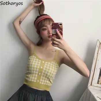 

Camis Women Tank-top Summer Knit Sexy Plaid Korean Style Vintage Buttons Camisoles Womens Outwear Fashion Students Chic 5-colors