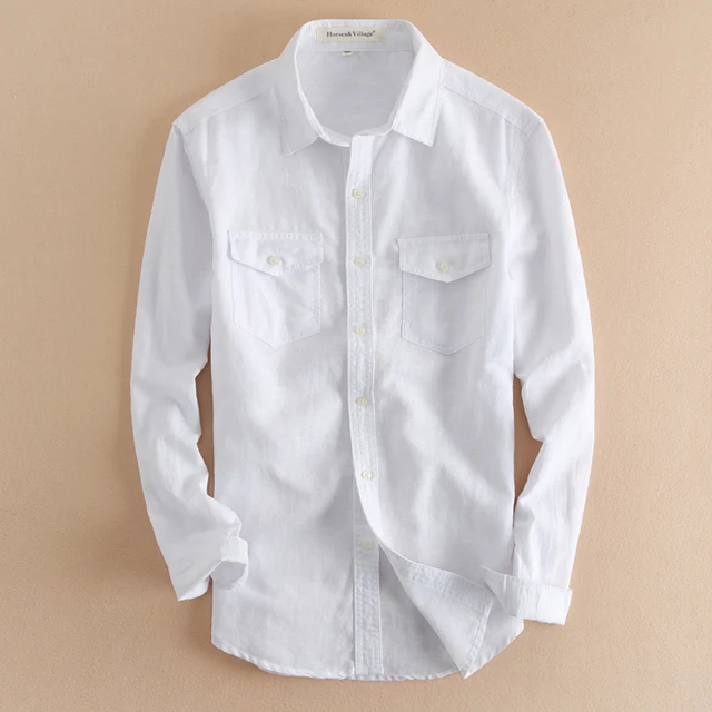 2021 Mens Linen Shirts Long Sleeve Turn 