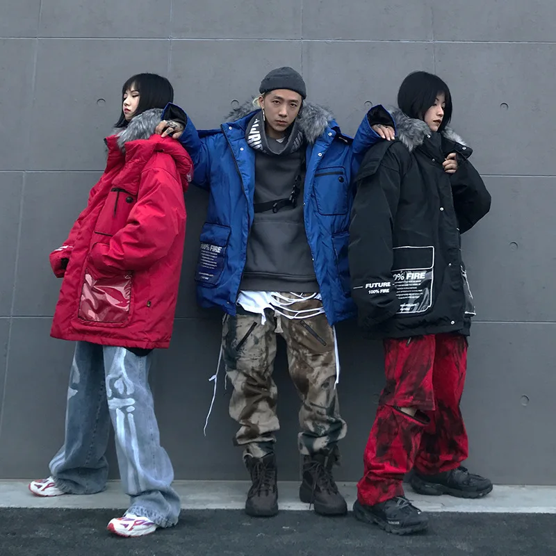 Great Value Hip Hop Fur Collar Parkas Men Women Streetwear Thick Winter Loose Padded Jacket Coat Warm Outwear Couples Blue Red DG536