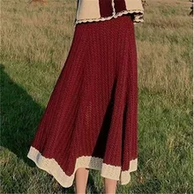 Винтажная винно-красная длинная трикотажная юбка, женская модная Осенняя прошитая юбка, элегантная зимняя трапециевидная трикотажная юбка макси с высокой талией