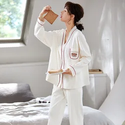 ATOXY Pajamas Ladies Cotton Long-sleeved Autumn Winter Lapel Cardigan Cartoon Net Red Casual Suit Home Service Pajama Set Women