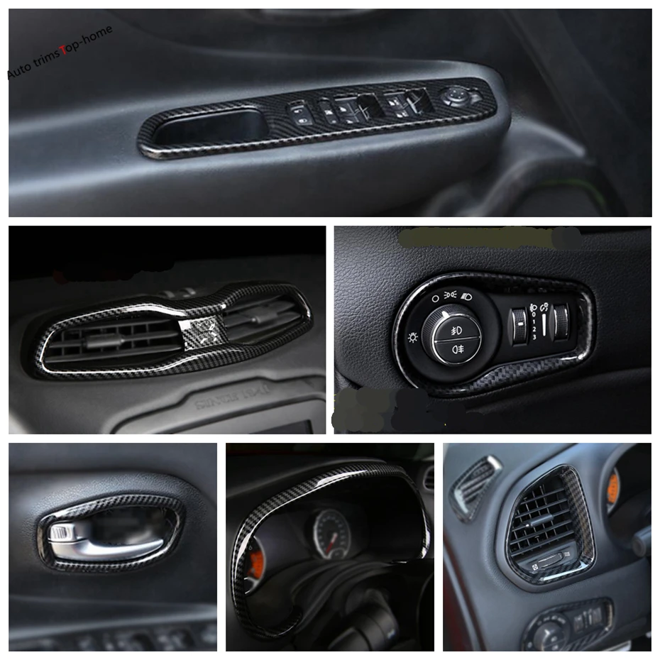 

Carbon Fiber Look Interior Refit Kit Lift Button / Headlamps / Air AC Panel / Dashboard Cover Trim For Jeep Renegade 2015 - 2020