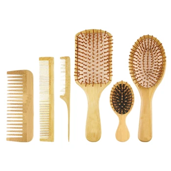 

6PC/Set Wood Comb Healthy Paddle Cushion Hair Loss Massage Brush Hairbrush Comb Scalp Hair Care Healthy Bamboo Comb