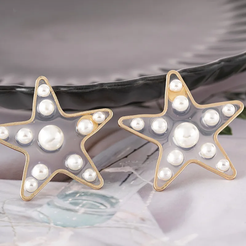 

Fashion Pearl Star Stud Earrings Korean Sweet Design Transparent Resin Metal witchcraft Earrings for Women Christmas Jewelry