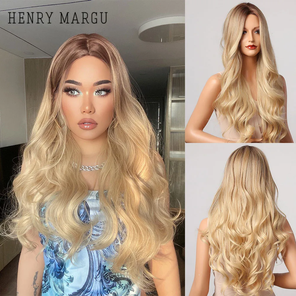 HENRY MARGU Long Wavy Synthetic Wigs Brown to Blonde Ombre Natural Hair Cosplay Party Heat Resistant Fiber Hair Wig for Women