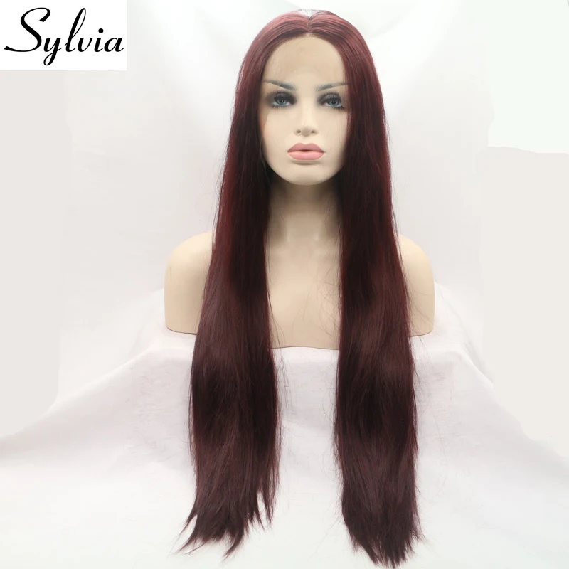 Sylvia # 99J темно-красные синтетические парики на кружеве средней части длинные шелковистые прямые термостойкие волокна для женщин