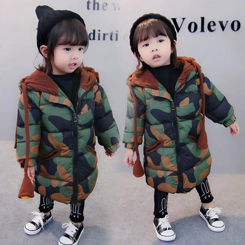 KISBINI Camouflage Winter Baby Boy Girls Parka Down Jacket Coat Cotton Long Thick Outerwear Windproof Kids Children's Jackets