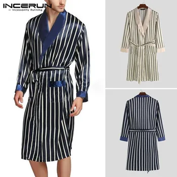 

INCERUN 2020 Men Robes Casual Kimono Fashion Bathrobes Long Sleeve Nightgown Striped V Neck Soft Loose Men Pajamas Homewear 5XL