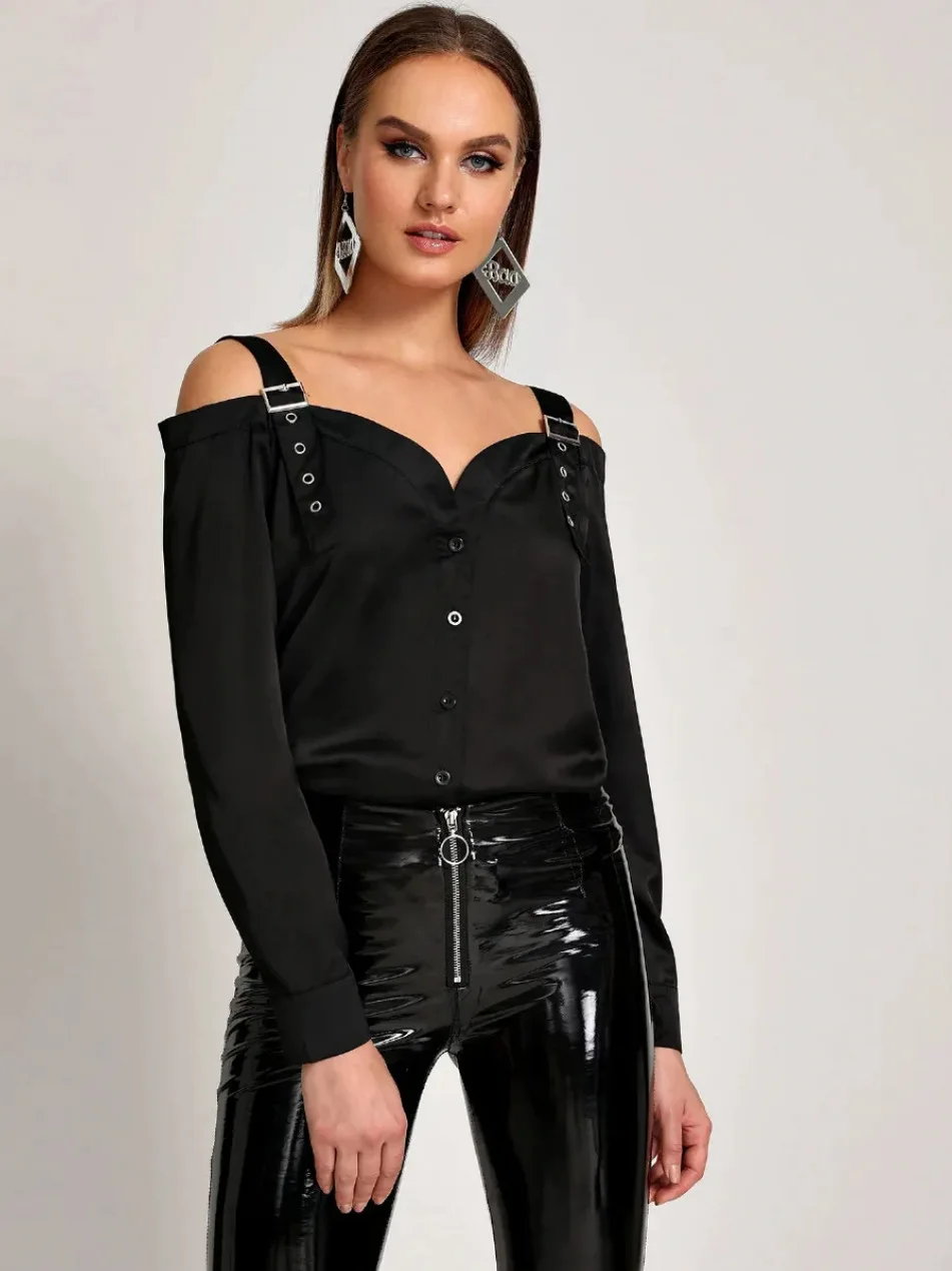 

Linglewei 2019 Spring and autumn off shoulder button up V-Neck long sleeve shirt