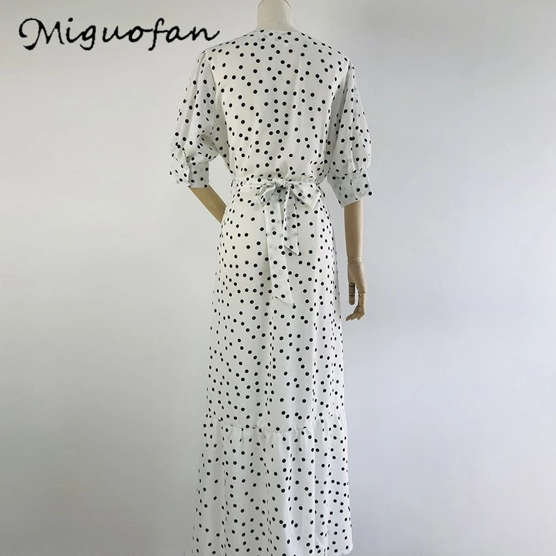Miguofan, женское длинное платье с запахом, в горошек, макси, платье с пышным рукавом, с разрезом, с поясом, вечерние, сексуальные, винтажные, женское платье, vestidos