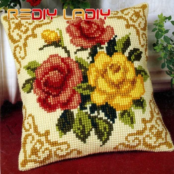 

Cross Stitch Cushion Front Violets Rose Poppy Pillow Chunky Cross-Stitch Kits 100% Acrylic Yarn Pillow Case Sofa Decor Crafts