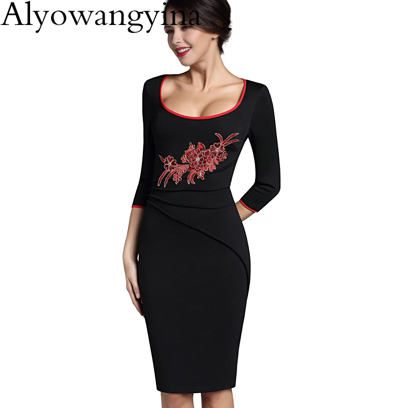 Alyowangyina, новинка, женское осенне-зимнее повседневное, для работы, с рукавом 3/4, широкое, с круглым вырезом, облегающее, женское, офисное, облегающее платье-карандаш, B340