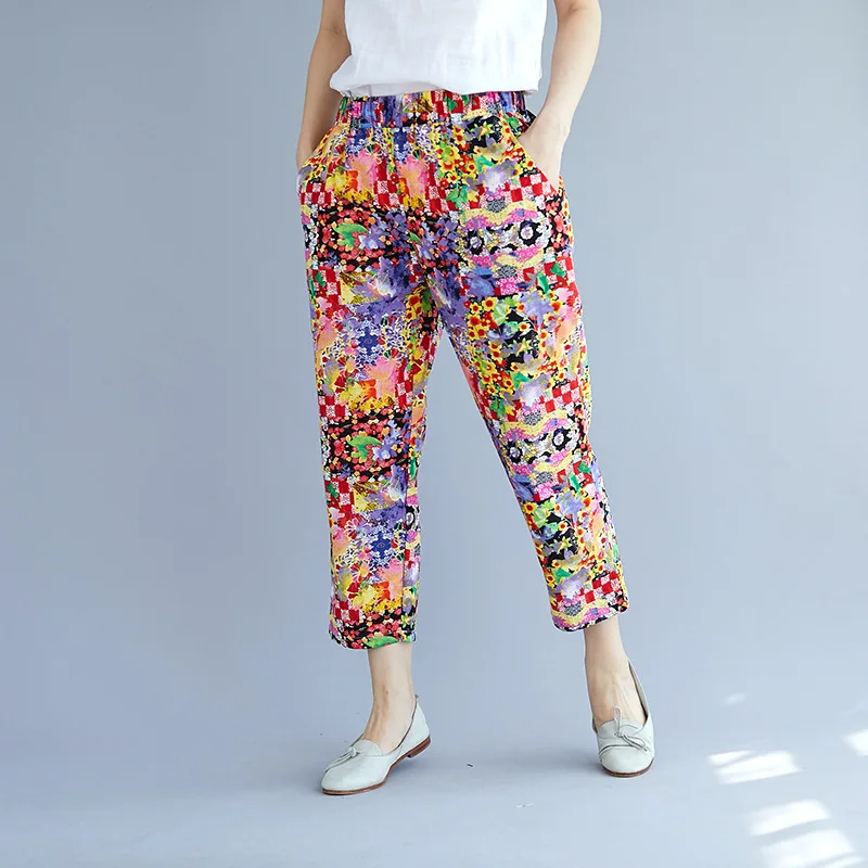 

2019 Summer New Style Large Size Dress National Wind Cotton Linen Printed Loose-Fit Elastic Waist Capri Harem Pants Women's