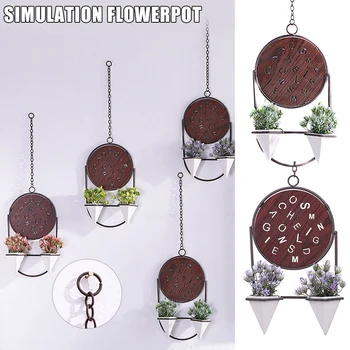 

New Wall Hanging Flower Pot Wrought Iron Decorative Simulation Flower Pot European Style With Round Wood Board Decoration