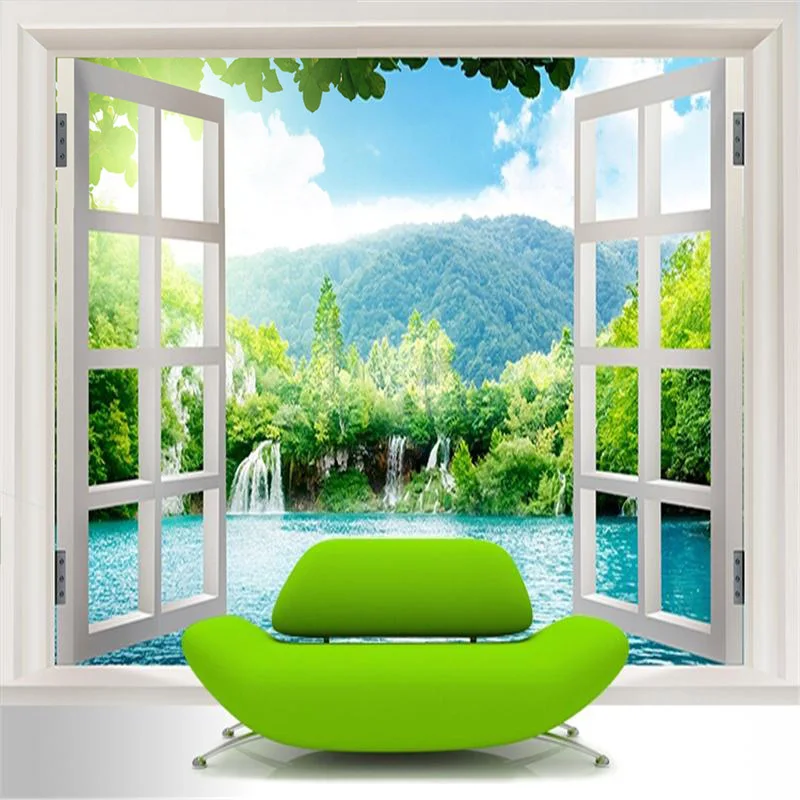 

Drop Shipping Custom 3D Mural Wallpaper Window 3D Waterfalls Forest View Art Mural Hallway Children's Room Photo Wallpaper