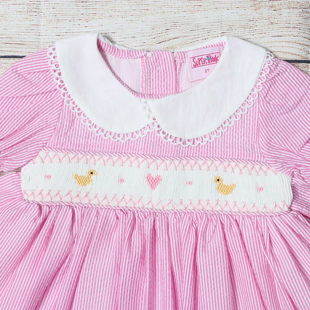 Boutique  Smock Hand Embroidery Cute Chick Dress Kids Girl Short Sleeve Child Wear Princess Pink Dress For Girls baby girl doll skirt