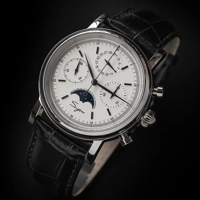 Montre Mécanique Sugess MoonPhase Master - Chronographe ST1908, Cadran Saphir, Cuir Véritable