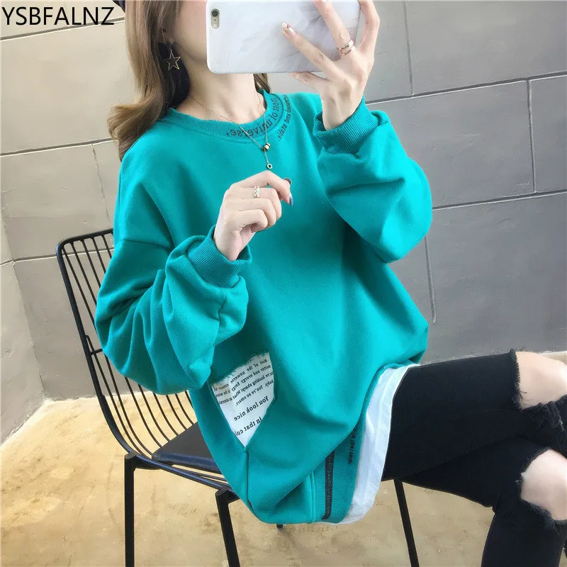 

2020 Loose round neck Long sleeve sweatshirt women Fake two-piece set spring Thin section letter Hedging autumn moletom feminino