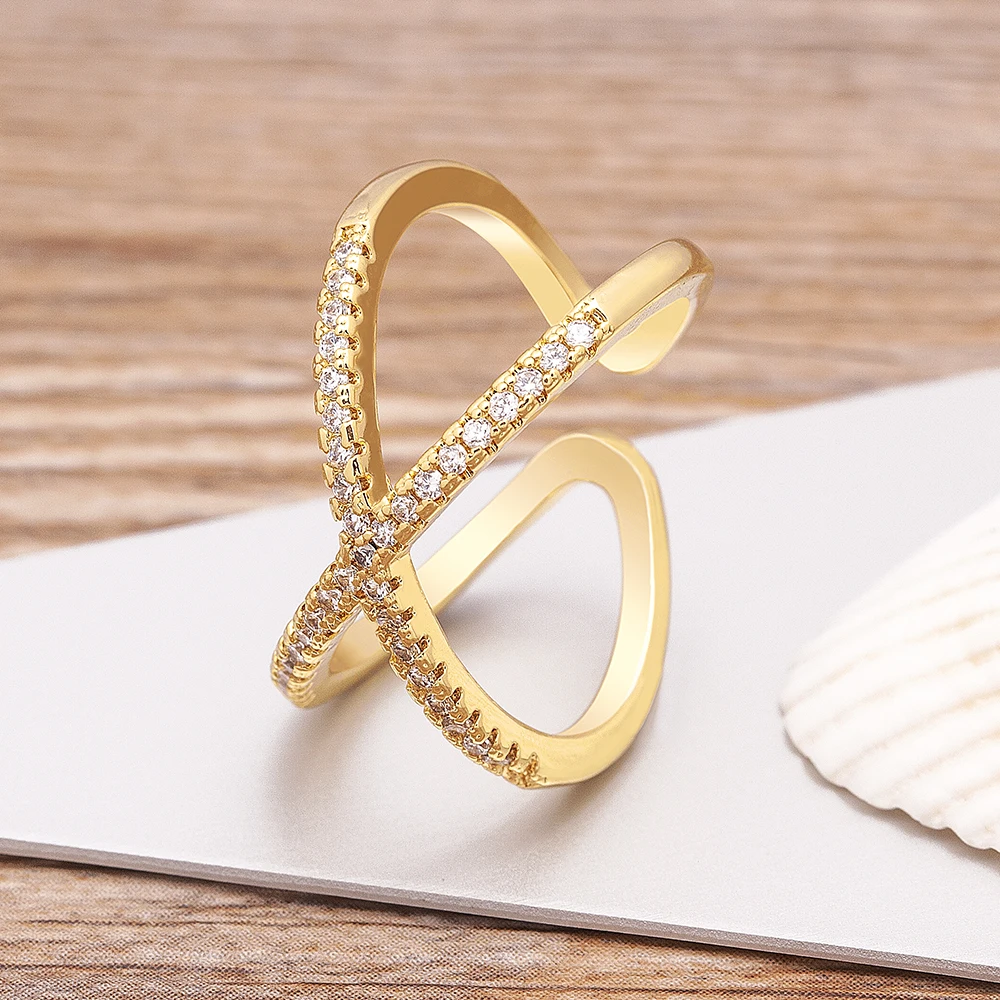 Luxury Cross X Shape Women Engagement Ring Full Paved Zircon Gold Color Elegant Simple Jewelry Open Adjustable Ring wedding rings finger rings fashion rings engagement rings zircon rings fashion ring crystal rings metal rings stone rings gold rings