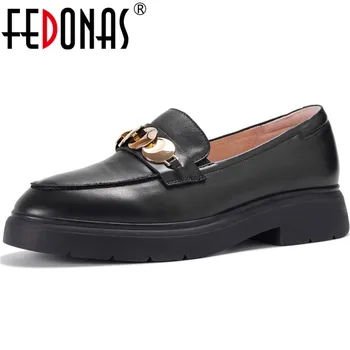 

FEDONAS Concise Metal Decoration Women Shoes Square Heels Pumps 2020 Summer Genuine Leather Pumps Basic Round Toe Shoes Woman