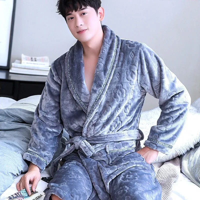 cheap pajama pants Flannel Dragon Crane Men Kimono Bathrobe Gown Casual Nightwear Winter Thick Warm Sleepwear Nightgown Plus Size Loose Homewear mens sleepwear set