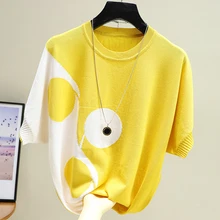 

Hit The Color Thin Summer Women Sweater Knitted Elastic Short Sleeve 2022 Fashion Woman Clothes Sweater Womens Pullovers Femme