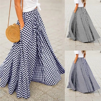 

Plaid Pleated Boho Maxi Women Skirts Vintage High Waist Pocket Female Long Skirt 2020 Spring Summer Loose Ladies Casual Bottoms