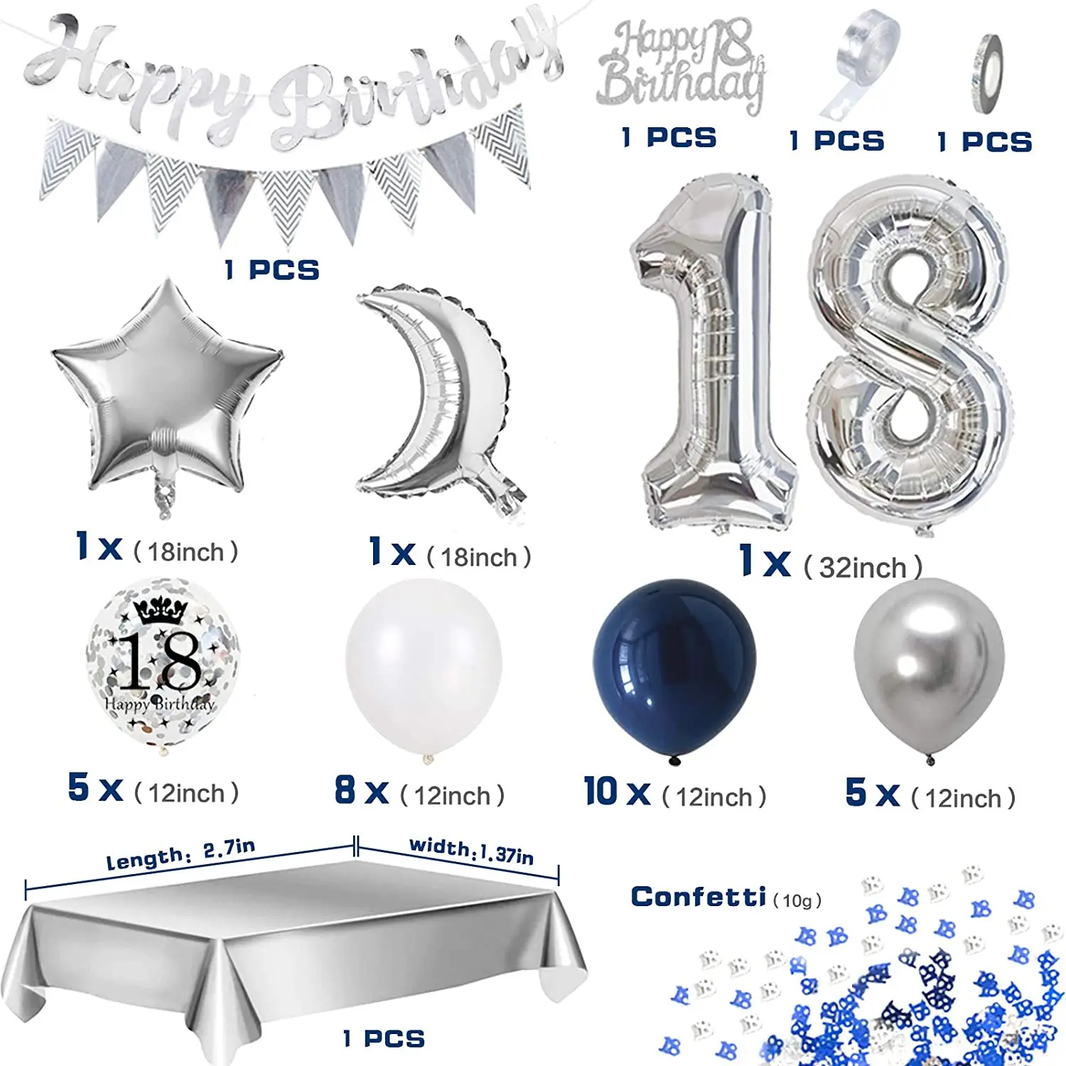 Decoraciones de cumpleaños número 18 para niños y niñas, color  azul marino y blanco plateado, pancarta de feliz cumpleaños de 18 años,  guirnalda de globos de cumpleaños para hombres de 18