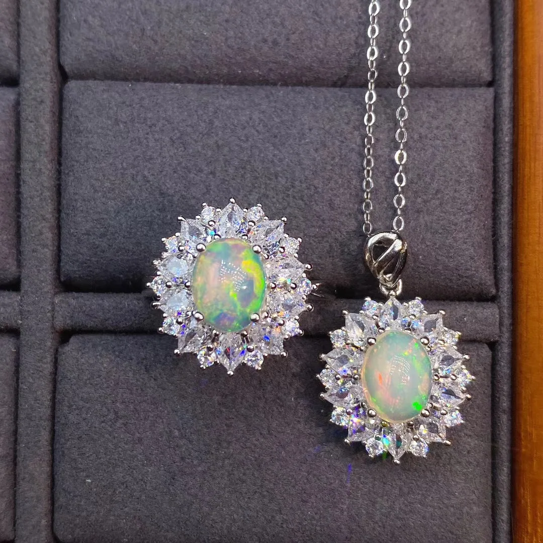 

Natural Opal Ring and Necklace Jewelry Set for Women Real 925 Silver Round Natural Gem Certified Party Gift Fireworks