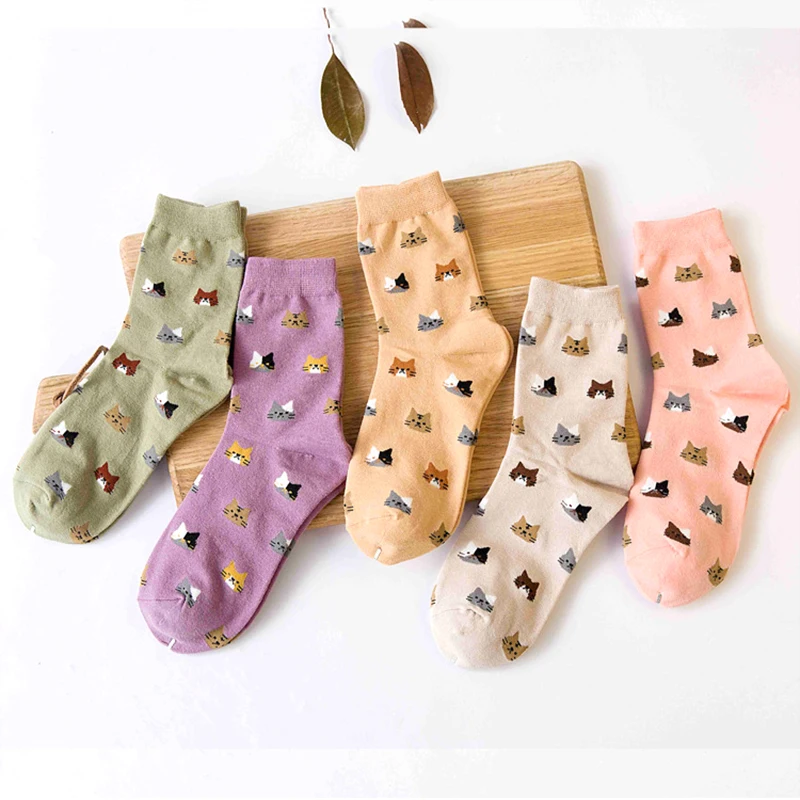 

5Pairs Women Socks Cute Cat Printing Funny Socks Autumn Winter Soft Warm Lady Socks Casual Cotton Mid Tube Socks