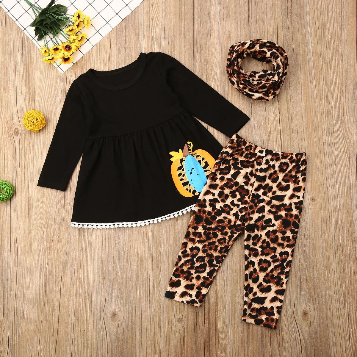 New 3PCS Kids Baby Girls Outfit T-shirt+ Leopard Print Pants Set Toddler Clothes