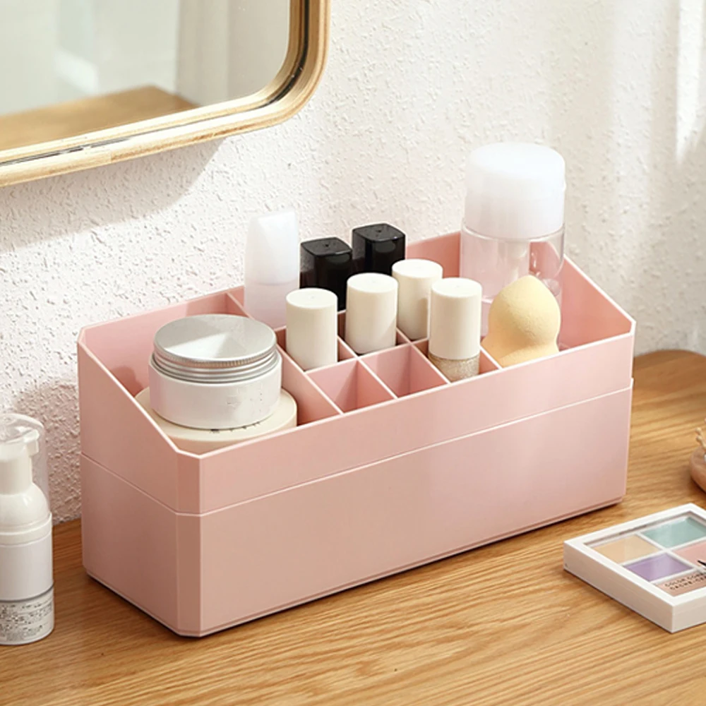 

Multi-Functional Table Jewelry Cosmetic Storage Box Double Layer Makeup Holder Box With Drawer Desk Stationery Organizer Box