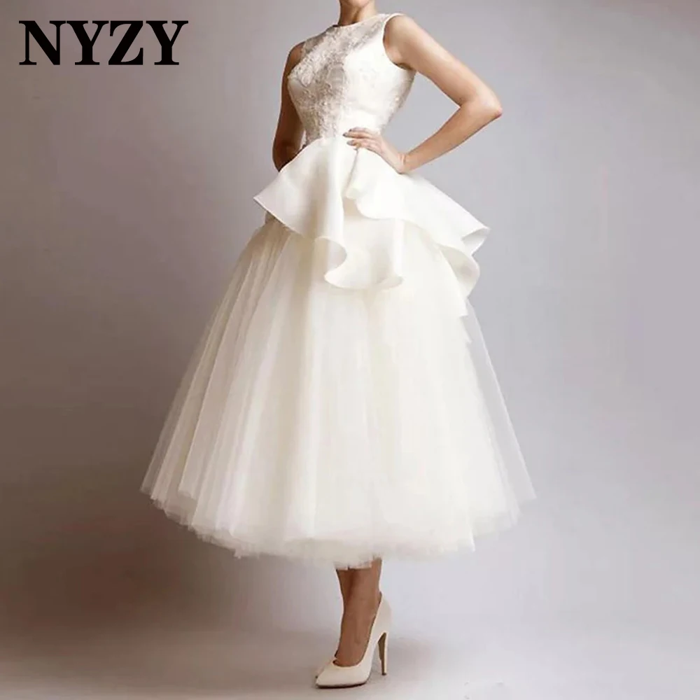 

NYZY Chic Tulle Sleeveless Ball Gown Off White Prom Dresses 2021 Short Party Dress Cocktail Graduation Homecoming Robes