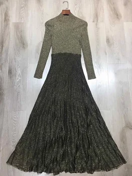 

2019 New Elegant Vintage Bodycon Ladies Dress Autumn Long-sleeves A- Line Turtleneck