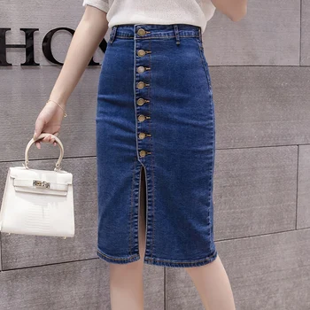 

Korea Split Skirt Ladies Summer High Waist Package Hip Jeans Skirts Women Casual chic Single Button Straight Knee Denim Skirt