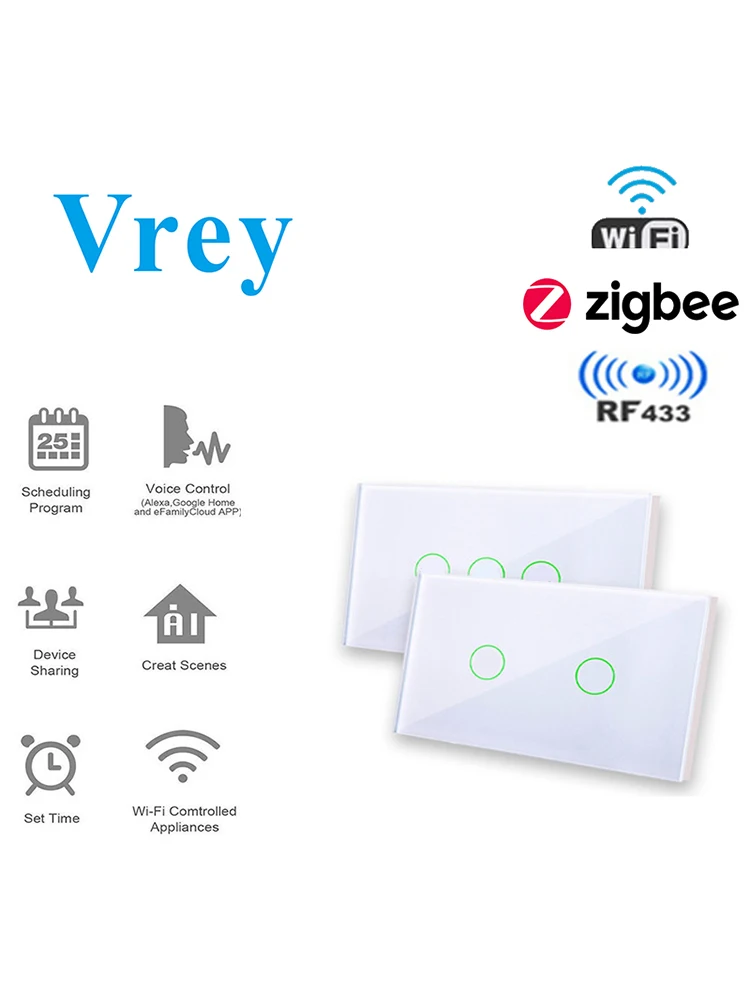 Нам Стандартный Zigbee сенсорный выключатель, WI-FI умный переключатель дистанционного управление, голосовое Управление настенный выключатель работать с Alexa Echo Google Home 1/2/3-Gang