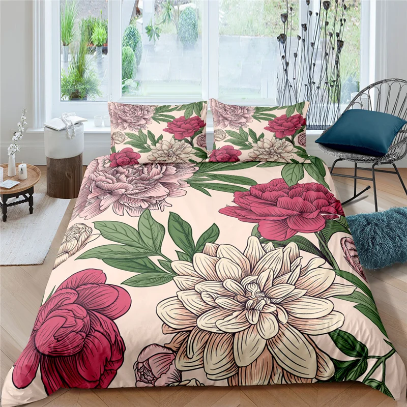 

Home Living Luxury Peony Flower Print 2/3Pcs Duvet Cover Set Pillowcase Queen Size and King Size Kid Bedding Set EU/US/AU Size