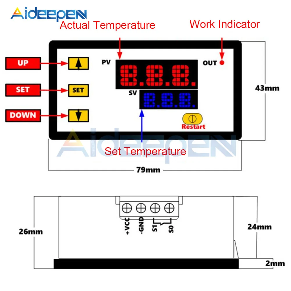 Digital Temperature Controller Digital Thermostat DC 5V 12V 24V 110V 220V AC Digital Temperature Controller-60~500 Degree K-type M6 Probe Thermocouple Sensor Embedded Thermostat