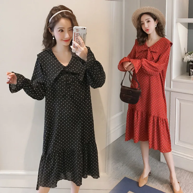 

Spring New Style Pregnant Women Dress Mid-length Loose-Fit Chiffon Polka Dot Pregnant Women Dress