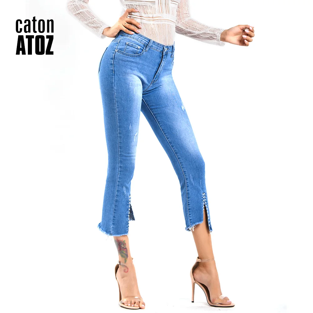 Blue CatonATOZ 2219 Женские винтажные рваные плиссированные узкие джинсы стрейч джинсовые брюки женские обтягивающие брюки-скинни осень зима джинсы - Цвет: Blue